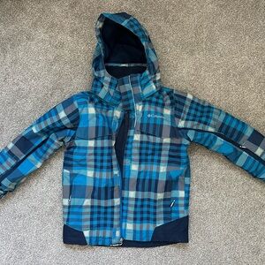 Columbia Navy and Teal Plaid Checkered Snow Coat with Omni-Tech Size XS (6/7)